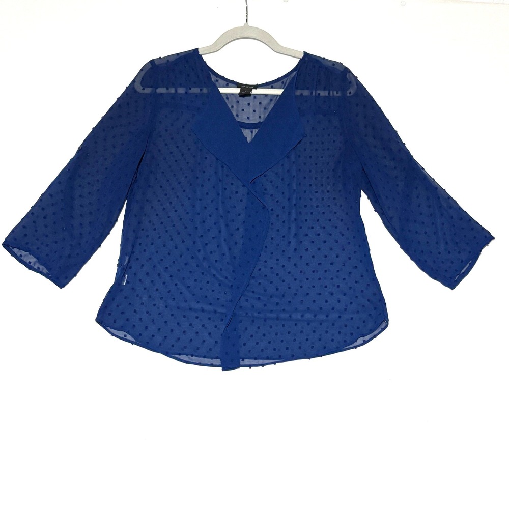 Ann Taylor Blue Swiss Dot Sheer Collarless V Neck 3/4‎ Sleeve Blouse Top